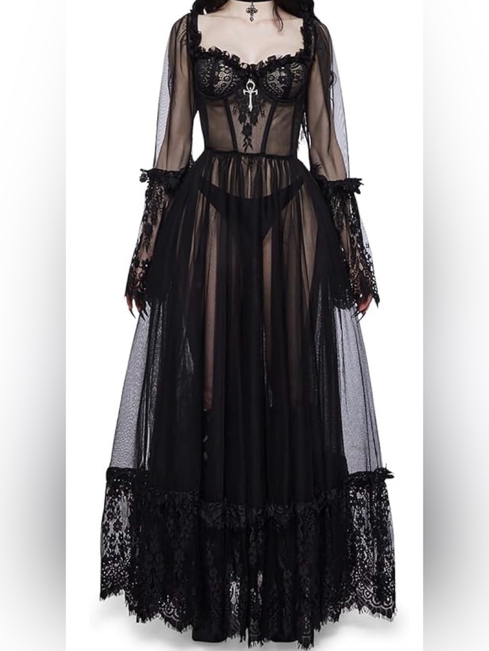 Dolls Kill Dance with Death Maxi dress size medium whimsigoth sheer mesh